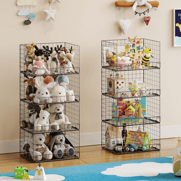 4 Pack Stackable Wire Baskets for Pantry Organizers and Storage, Large Pantry Baskets for Snack Organizer, Foldable Metal Storage Bins for Organizing Snack Can Fruit Vegetable & Toy