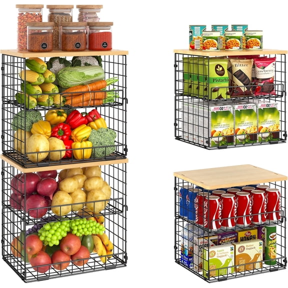 4 Pack Stackable Wire Baskets for Pantry Organizers and Storage, Large Pantry Basket for Snack Organizer, Foldable Fruit and Vegetable Storage