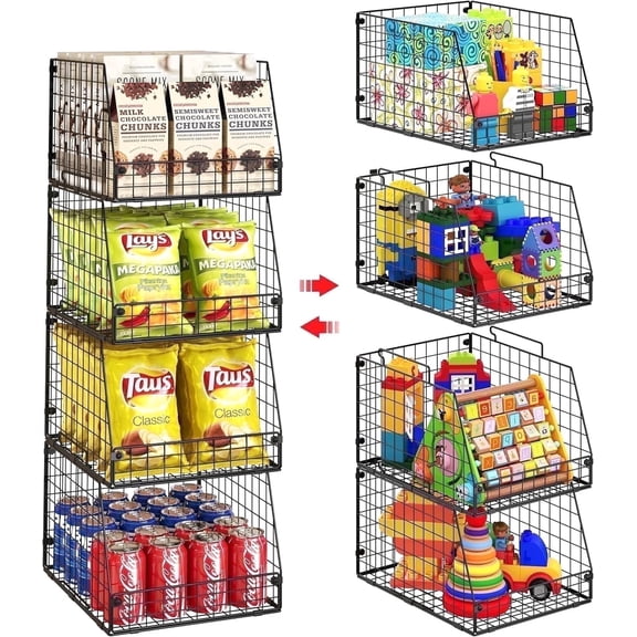X-COSRACK 4-Pack Stackable Wire Storage Baskets, Extra Large Metal Produce Organizer Bins with Open Front for Kitchen Pantry, Fruit, Vegetables & Toys