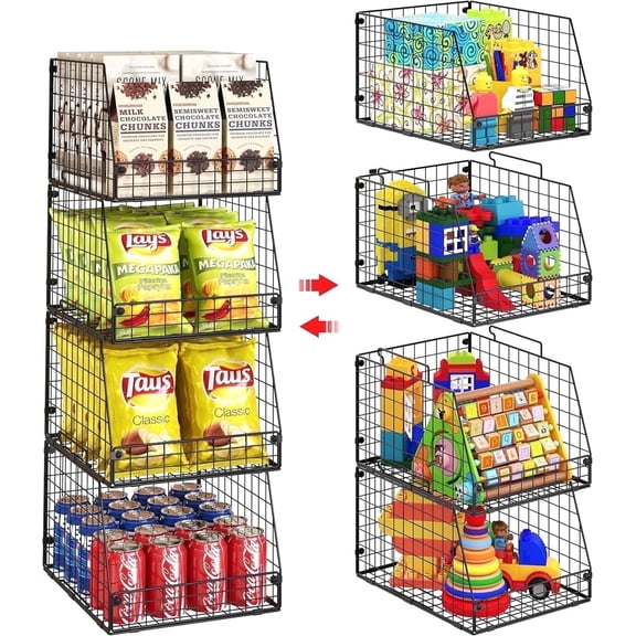 X-COSRACK 4-Pack Stackable Wire Storage Baskets, Extra Large Metal Produce Organizer Bins with Open Front for Kitchen Pantry, Fruit, Vegetables & Toys