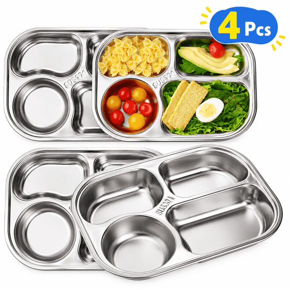 4pack Stainless Steel 4Compartment Divided Plates, Silver Reusable Sectioned Dinner Trays for Portion Control, Lunch, Cafeteria & Daily Meals