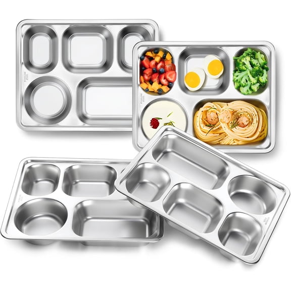 4 Pack Stainless Steel 5 Sections Divided Dinner Plates Unbreakable Metal Compartment Trays for Kids Toddlers Adults Portion Control Dishwasher Safe