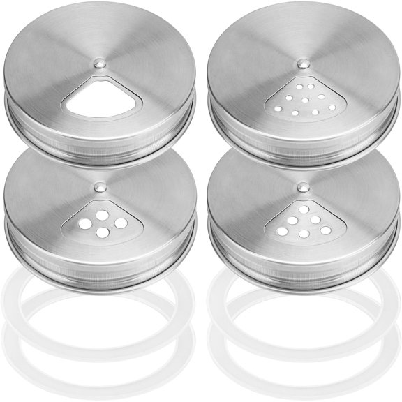 4-Pack Stainless Steel Adjustable  Shaker  for Regular Mouth Mason Jars, with 4 Bonus  Sealing Rings -  Shaker/Pour Tops for Seasoning, Salt & Pepper Storage