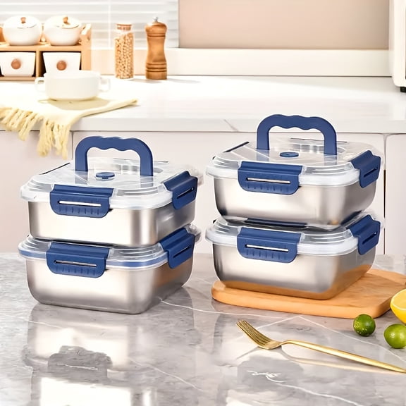 4-Pack Stainless Steel Airtight Food Storage Containers Set - Leakproof, Vacuum Sealed Lunch Boxes For Fridge, Kitchen & Pantry (Blue Locks)