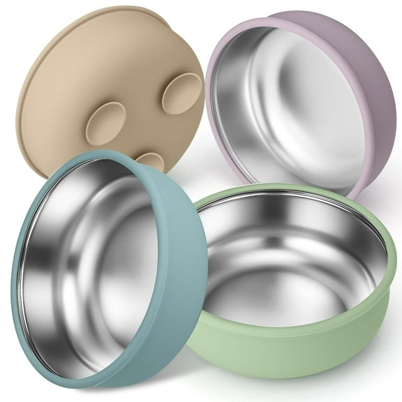 4 Pack Stainless Steel Baby Bowls with Suction 2-in-1 Toddler Feeding Plates Heat-Resistant Spill-Proof Suction Bowls for Kids Baby Toddler Food Feeding