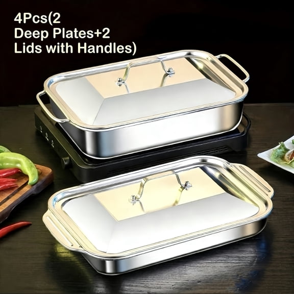 4 Pack Stainless Steel Baking Sheets - Set of 2 Deep Roasting Pans + 2 Lidded Trays with Handles, Heavy Duty Oven Trays for Grilling, Meal Prep, Serving & Holiday Cooking, Rustproof & Dishwasher Safe