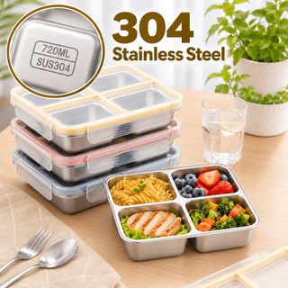 4 Pack Stainless Steel Bento Lunch Box Containers, 4 Compartment Meal Prep Containers with Leakproof Lid, Microwave Safe, Refrigerator Fast Cooling, Dishwasher Safe, Blue Orange Red Yellow
