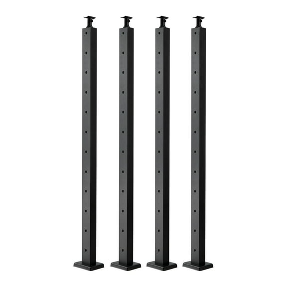 4 Pack Stainless Steel Cable Railing Post 42x1x2 Inch Black Horizontal Hole Deck Railing Post with Pre Drilled Holes and Horizontal Curved Bracket