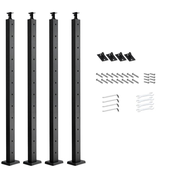 4 Pack Stainless Steel Cable Railing Post 42x2x2 Inch with Pre Drilled Holes Horizontal Hole Deck Railing Post Black Horizontal and Curved Bracket
