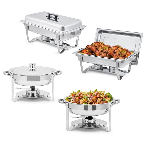 4-Pack Stainless Steel Chafing Dish Set (Rectangular & Round) - Lidded Buffet Warmers for Catering, Weddings, Home Parties & Buffet Serving, Food Servers for Events