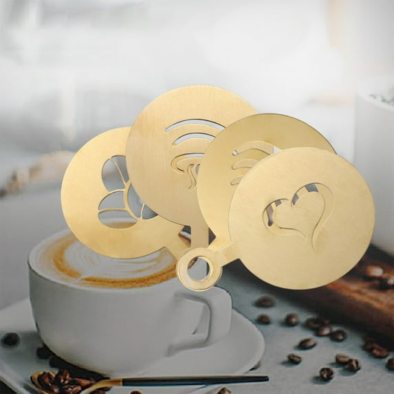4-Pack Stainless Steel Coffee Decorating Stencils, Various Patterns, Gold, with Handle, Easy Grip Hang, for Cappuccino Chocolate Cake, Home Coffee Shop DIY
