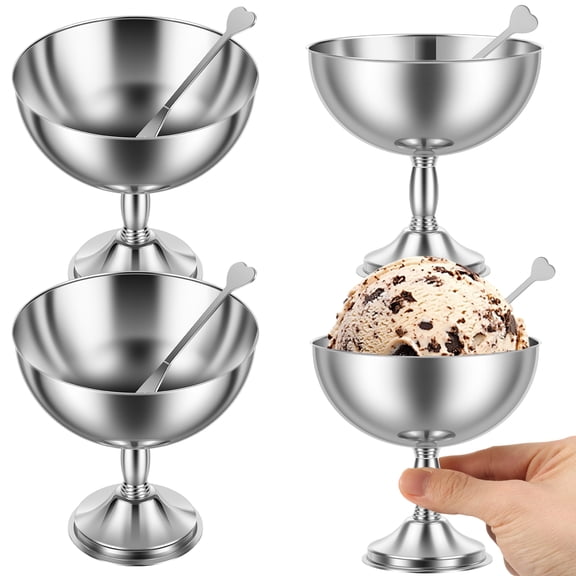 4 Pack Stainless Steel Dessert Cups with Forks, 5.4 oz Reusable Metal Bowls for Ice Cream, Salad, Sauces, and Party Serving-Silver Footed Design