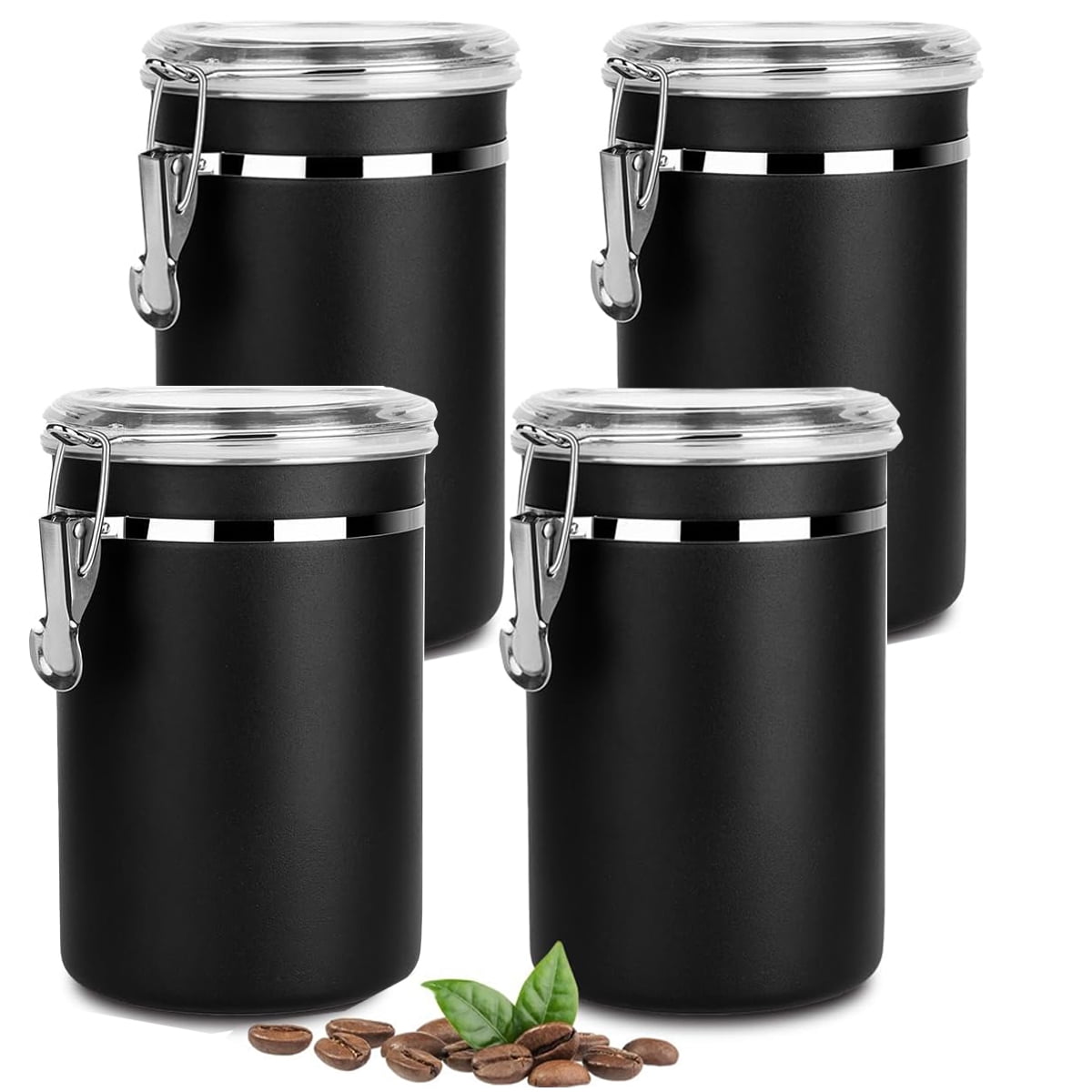 4 Pack Stainless Steel Food Container with Clear Lids Airtight Container Stackable Canisters Kitchen Pantry Storage for Cereal, Snacks, Candy, Herbs, Spices, Sugar, Tea (1.8L Black)