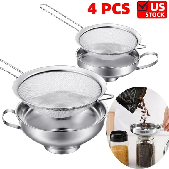 4 Pack Stainless Steel Funnels with Fine Mesh Strainer, Household Kitchen Canning Funnels with Stainless Steel Colander