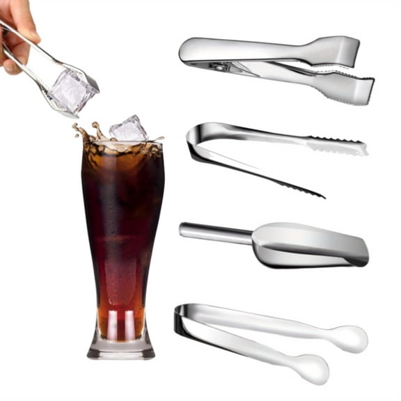 4 Pack Stainless Steel Ice Tongs & Scoops, Sliver Serving Tong with Sawteeth for Ice Bucket Ice Sugar Cubes Coffee Bar Food Serving