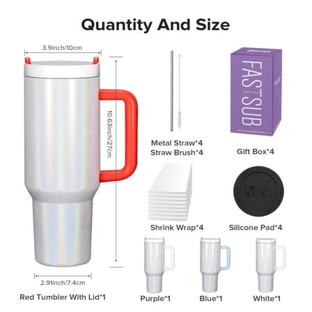 4 Pack Stainless Steel MetroTek 40 Oz Sublimation Tumbler With Handle Insulated Large Sublimation Tumblers Bulk With Lids And Straws Coffee Mugs For DIY Craft Heat Press Print