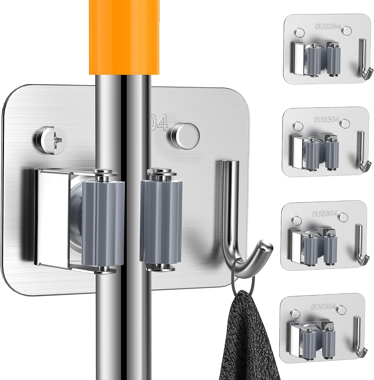 AURIKAR Broom Holder Wall Mount – 2-Pack Stainless Steel, 2 Slots + 1 Hook, Holds 35 Lbs, Rustproof, For Garage, Kitchen, Laundry