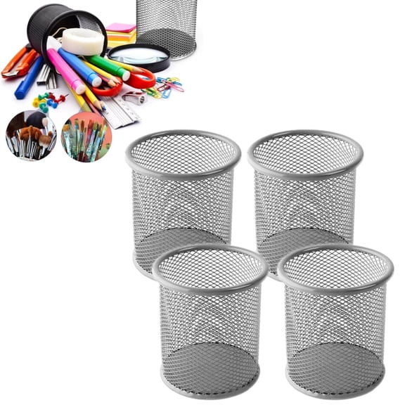 4-Pack Stainless Steel Pen Cups, Basic Mesh Pencil Holders for Simple Organization