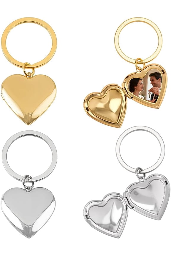 4-Pack Stainless Steel Photo Locket Keychains Heart Shaped Picture Frame Ring (Gold/Silver Tone) for Gifts