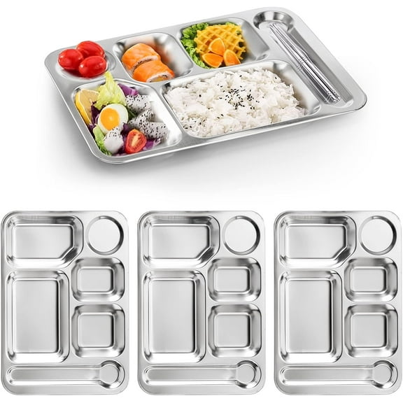 4 Pack Stainless Steel Rectangular Divided Dinner Tray, 6 Sections Stainless steel Metal Plate for Adults, Picky Eaters, Campers, and Portion Control