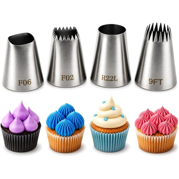 4 Pack Stainless Steel Seamless Piping Icing Tips FO2 FO6 9FT R22L, Large Piping Nozzle, Cake Decorating Tools for Cupcake Baker