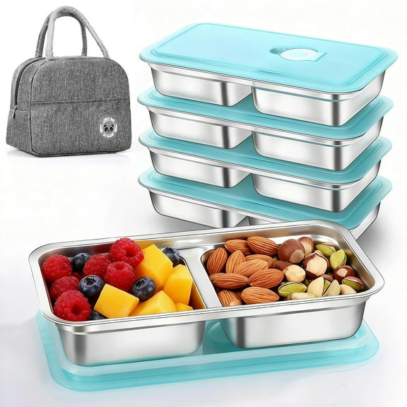 9 Pcs Stainless Steel Snack Containers with Lids and Lunch Box Bag, Grab and Go Snack Containers, Reusable 2 Compartment Stainless Steel Food Storage Containers Set for Travel & Outdoor Camping