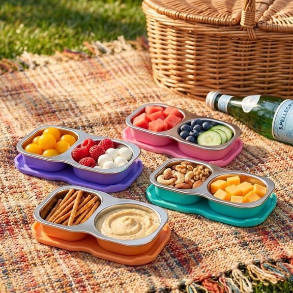 4-Pack Stainless Steel Snack Containers with Lid, 5.3Oz 2-Compartment Small Condiment Container, Salad Dressing Container To Go, Leak Proof Silicone Lid Snack Box for Lunch, Travel, or Meal Prep