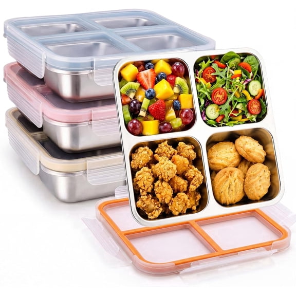 4 Pack Stainless Steel Snack Containers with Lids, 4-Compartment Leakproof Bento Snack Boxes, Food Storage Containers for Office, Travel, Meal Prep
