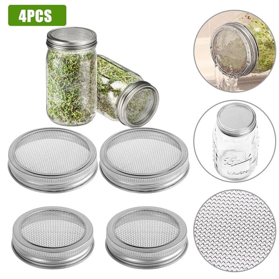 4-Pack Stainless Steel Sprouting Lids, 70mm Mesh Strainer Covers for Jars, Reusable Screen for Growing Bean Broccoli Lentil Sprouts, Dishwasher Safe Kitchen Gadgets for Home Gardening