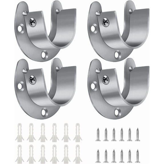 4 Packs Stainless Steel Wardrobe Bracket U-Shaped Rod Socket Flange 1-1/4" Diameter Heavy Duty Closet Brackets End Supports for with Screws (Silver)