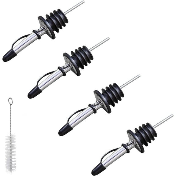 4 Pack Stainless Steel Wine Bottle Pourers, Wine Bottle Pourers With Stoppers For Wine, Syrup, Olive , , Vinegar, Salads And More, silver + black