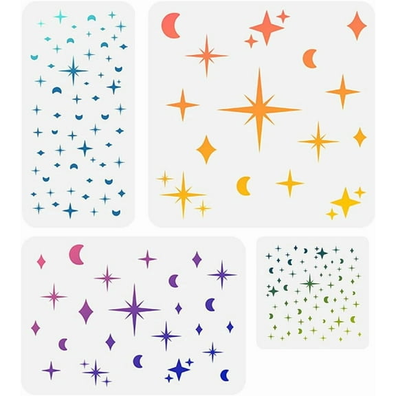 4 Pack Stars Moons Wall Art Stencil Templates Reusable Plastic Star Stencils for Painting on Wood Wall Floor Fabric Glass Home Decor Craft
