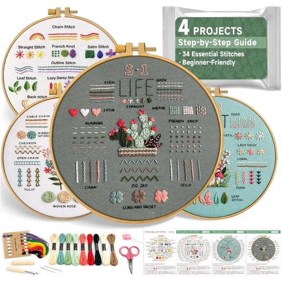4 Pack Starter Embroidery Kit for Beginners All-in-One Stitch Practice Kit with Simple Patterns, Learn 34 Embroidery Stitches with Step-by-Step Guide & Video, Craft Gift Adults & Teens