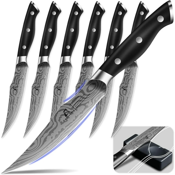 4-Pack Steak Knives Set, 4.8" Fine-Edge German Stainless Steel, Ergonomic Black Handle, Super Sharp Table Knives w/Rests, Gift Ready