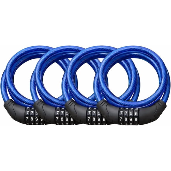 4-Pack Steel Bike Cable Locks, 4 ft Combination Lock Set, Resettable 4-Digit Code, Heavy-Duty Bicycle Security - Blue