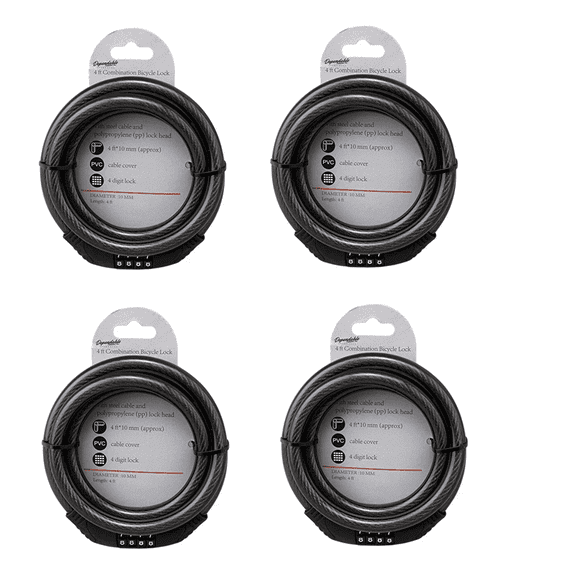 4-Pack Steel Combination Bike Lock Set 4 ft Cable, Resettable 4-Digit Code Black