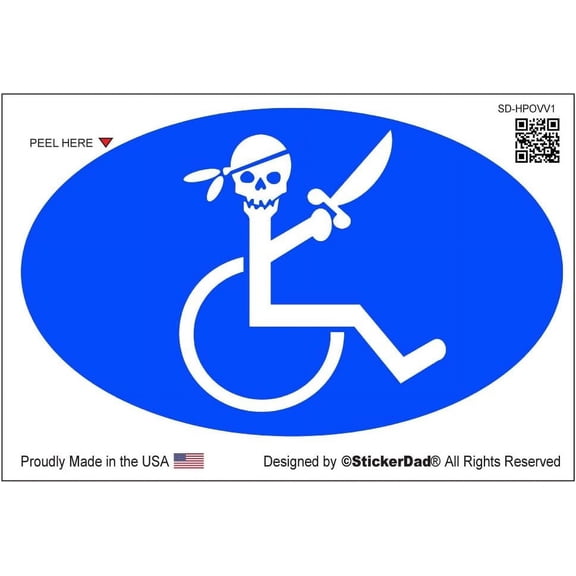 4 Pack - StickerDad Oval - Handicapped Pirate - Full Color Printed Sticker - Size: 5" X 3", Color: Blue/White - Windows, Walls, Bumpers, Laptop, Lockers, etc.