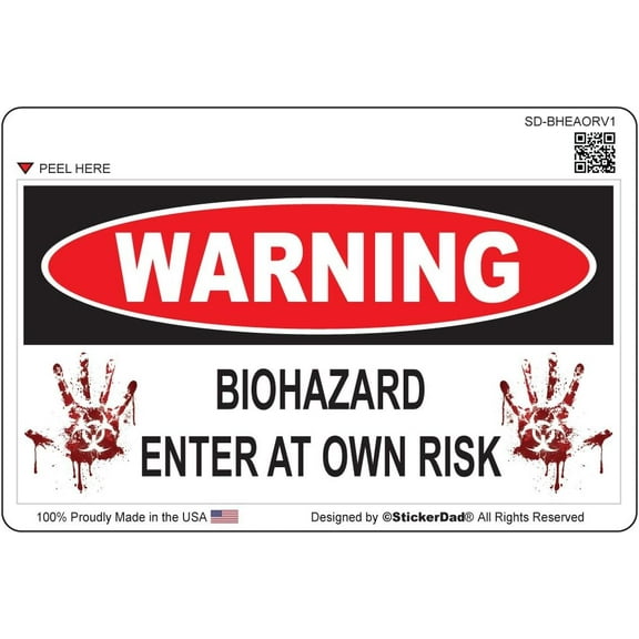 4 Pack - StickerDad Warning Biohazard Enter at OWN Risk V1 Full Color Printed Sticker - Size: 5" X 3", Color: White/Black/RED - for Windows, Walls, Bumpers, Laptop, Lockers, etc.