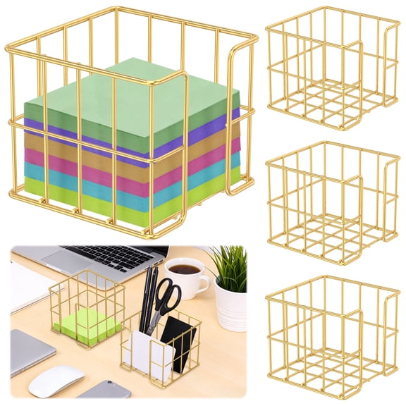 4 Pack Sticky Note Holder 3.74x3.74 Inches Cute Memo Cube Dispenser Mesh Desk Organizer for Notepads, Pens and Pencils Ideal for Home or Office Supply (Black/Gold)