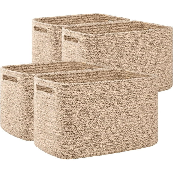 4 Pack Storage Baskets for Organizing, Cube Storage Bins for Shelves, Rectangle Storage Baskets With Handles, Woven Baskets for Storage, 12.7''Lx9''Wx7.8''H, Brown