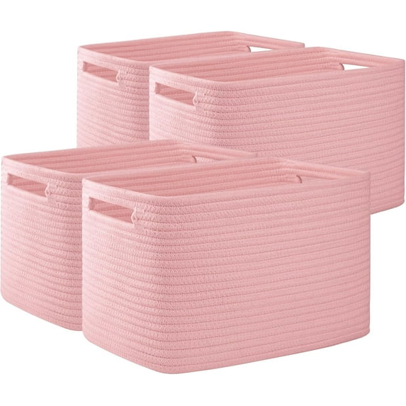 4 Pack Storage Baskets for Organizing, Cube Storage Bins for Shelves, Rectangle Storage Baskets With Handles, Woven Baskets for Storage, 12.7''Lx9''Wx7.8''H, Pink