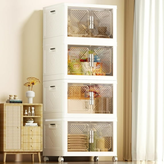 Storage Bins with Lid 48QT, Stackable Storage Containers with Wheels and Magnetic Doors, Plastic Clothes Closet Organizers and Storage Box for Home and Office(4 Pack)