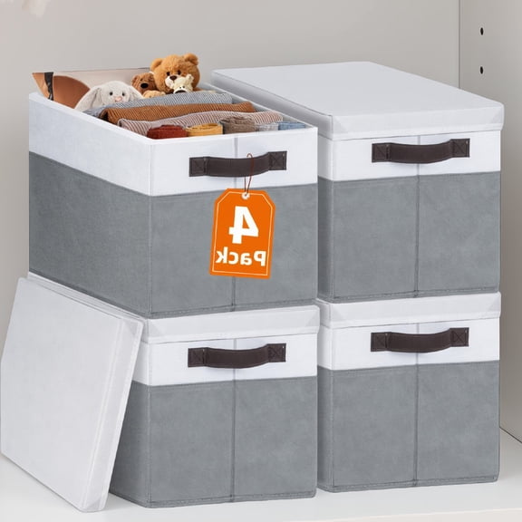 4 Pack Storage Bins with , Stackable Fabric Baskets for Closet Shelves Bedroom , 14x10x9.5 in