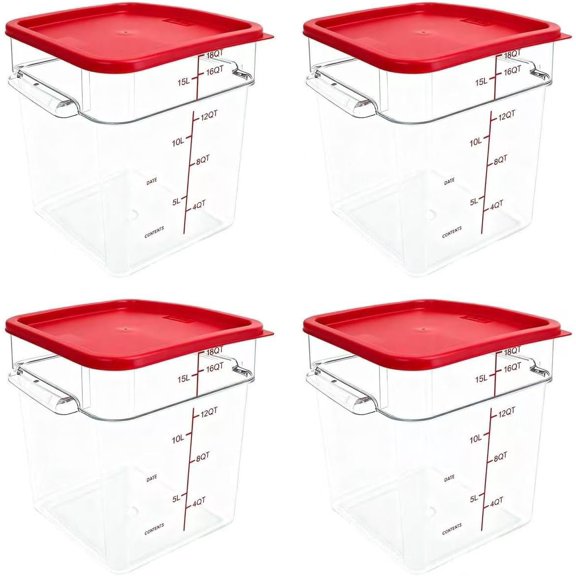4 Pack Storage Containers with Red , 18.0 Qt - Square, Clear, Polycarbonate, for Restaurant Commercial Kitchen and party