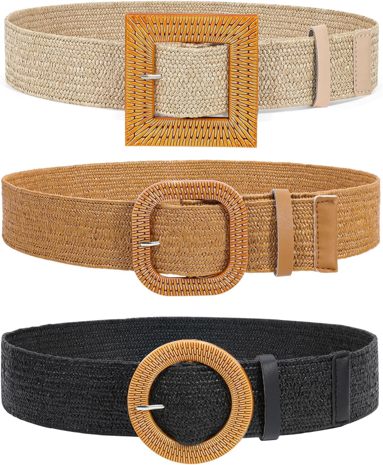 Straw Woven Elastic Stretch Waist Belt Braided Boho Dress Belts Xonyicos Straw Woven Belts for Women, Boho Rattan Elastic  main image 4