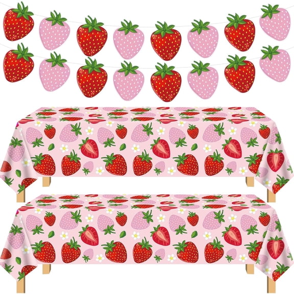 4 Pack Strawberry Tablecloth Berry Table Cloth 2 x Strawberry Party Tablecloth Berry Sweet Table Cover 51 x 86 Inches 2 x Sweet One Element Banners for Fruit Themed Party, Babyshower, Birthday