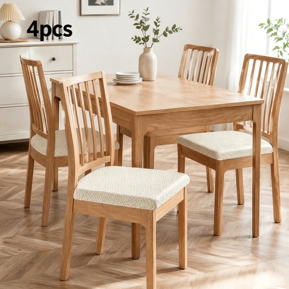 4 Pack Stretch Dining Chair Seat Covers, Off-White Solid Color Slipcovers, Removable Washable Protector for Kitchen & Living Room, Elastic Band