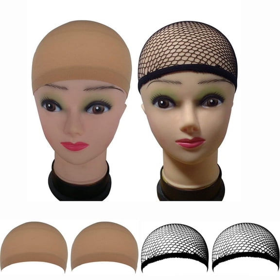 4-Pack Stretchable Elastic Wig Caps, Breathable Hair Mesh Nets for All Hair Types Under Wigs - Black,Beige