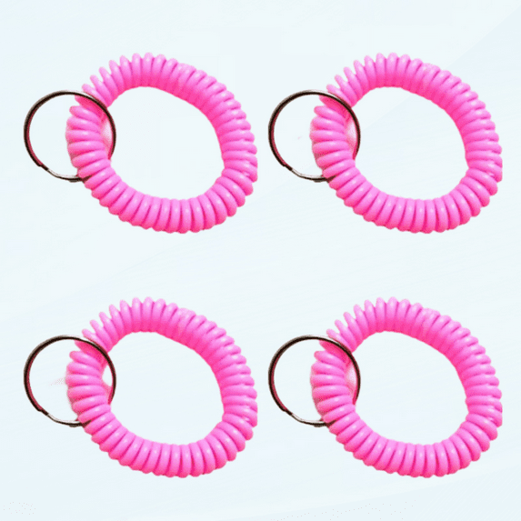 4-Pack Stretchable Plastic Bracelet Wrist Coil Wrist Band Key Ring Chain Holder Tag Flexible Wrist Band Key Chain Bracelet Key Holder Ring for Outdoor Swimming Hospital Hotel (Pink)