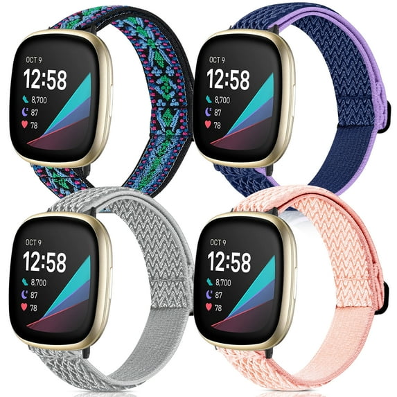 4 Pack Stretchy Bands Compatible with Fitbit Versa 3 / Fitbit Sense Bands Women Men, Adjustable Elastic Soft Loop Nylon Breathable Replacement Straps for Fitbit Sense & Versa 3 Smartwatch Wristband